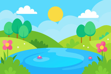 Fototapeta premium Serene Summer Landscape Idyllic Lake, Rolling Hills, and Blooming Flowers
