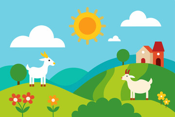 Fototapeta premium Idyllic Farm Scene Goats Grazing in Sunny Meadow Landscape