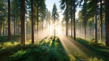 Fototapeta premium Sun Rays Shining Through Tall Trees in Forest, Representing Natural Beauty and Tranquil Escape