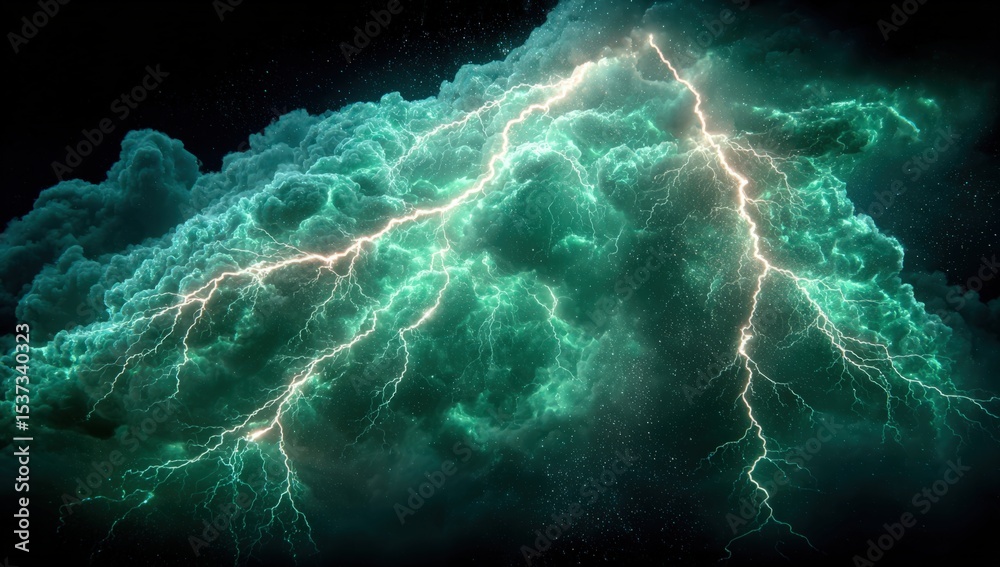 Poster dramatic lightning strikes through emerald clouds, illustrating power and atmospheric change