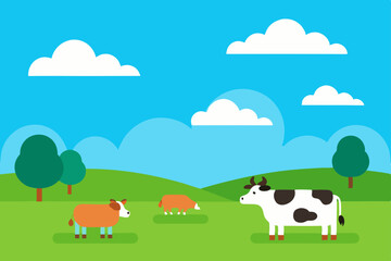 Farm Animals in a Sunny Meadow Idyllic Pasture Scene with Cows and Sheep