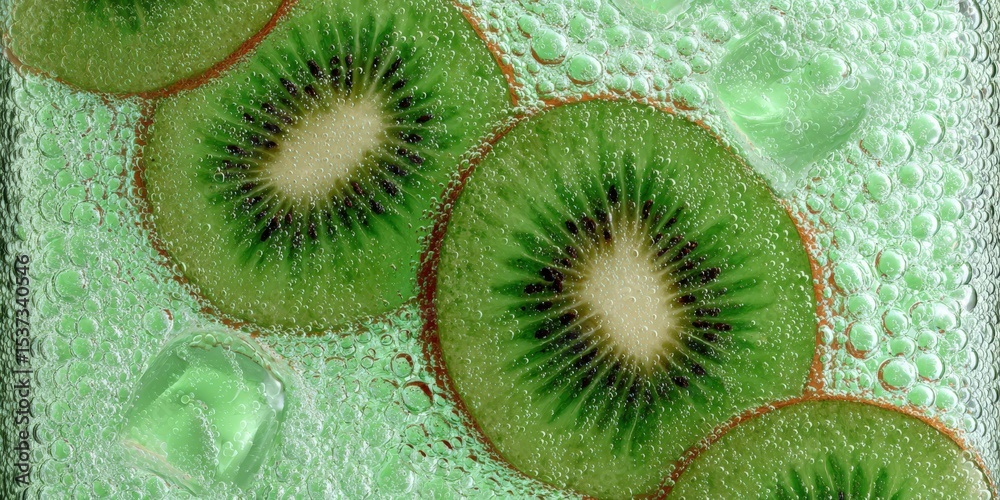 Poster kiwi slices floating in sparkling water, representing refreshment and healthy lifestyle choices
