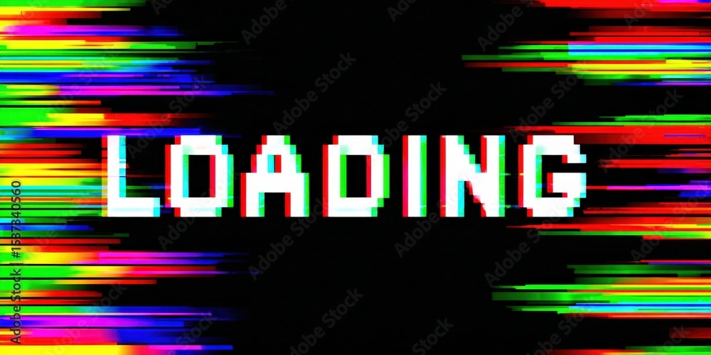 Poster Pixelated Loading Text With Glitch Effect on Black Background, Representing Technology Progress