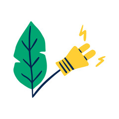 Green energy trendy flat concept. Electric plug and leaf. Eco, bio, organic design hand drawn vector elements