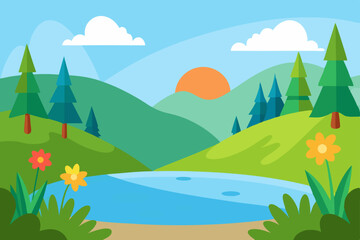 Fototapeta premium Serene Sunset Landscape Picturesque Hills, Tranquil Lake, Blooming Flowers