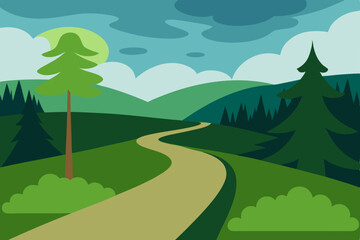 Obraz premium Serene Winding Road Through Lush Green Mountains A Peaceful Landscape Illustration