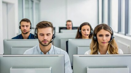 A team of diverse customer service representatives wearing headsets, smiling and working at computers in a bright office environment. - Powered by Adobe
