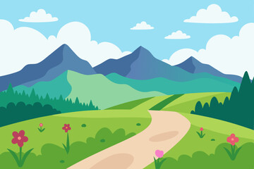 Naklejka premium Serene Mountain Landscape A Picturesque Winding Path Through Lush Meadows and Majestic Peaks
