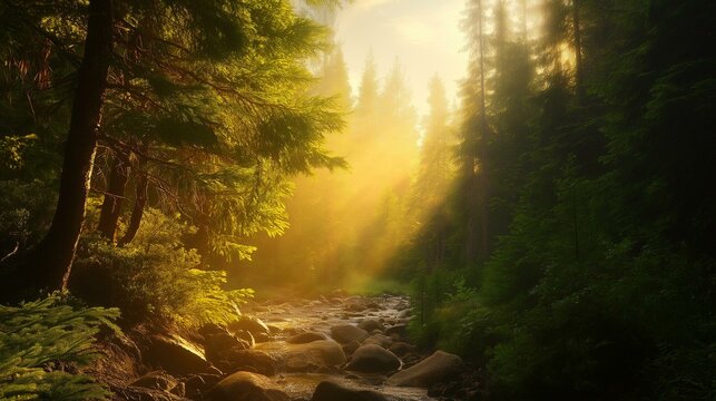 Beautiful landscape of a forest with a stream running through it. the sun is shining through the trees, creating a warm glow that illuminates the scene.