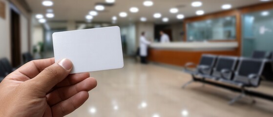 Hand holding blank white card in hospital waiting room Concept of healthcare access, insurance, and patient identification at the clinic