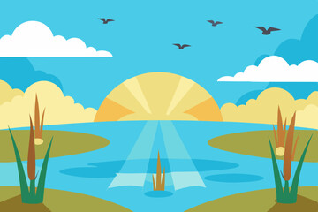 Serene Sunset Landscape Calm Water, Golden Rays, and Peaceful Birds