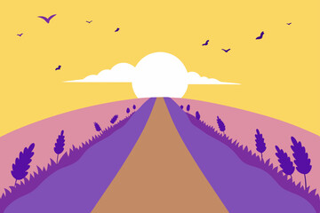 Sunset Lavender Fields A Serene Road Leading to Tranquil Horizon