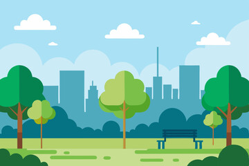 Urban Oasis City Park Landscape Illustration Featuring Trees, Bench, and Skyline