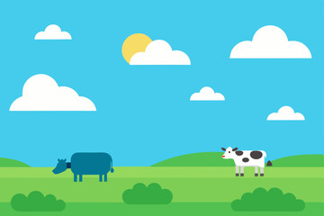Serene Pastoral Scene Cows Grazing in Sunny Meadow