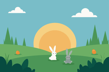 Adorable Bunnies at Sunset A Charming Easter Illustration
