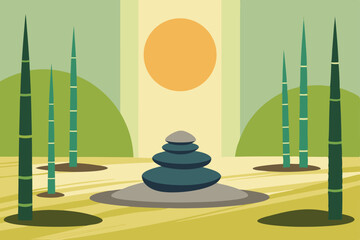 Serene Zen Garden Stacked Stones, Bamboo, and Sunset Serenity