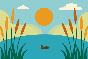 Serene Sunset A Tranquil Duck on a Calm Lake, Surrounded by Cattails