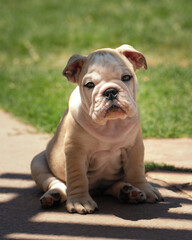 Adorable photo of a bulldog puppy sitting cute