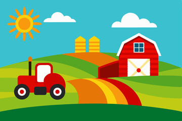 Vibrant Farm Scene Tractor, Barn, and Sunny Hills Illustration