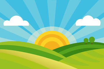 Sunrise Over Rolling Hills A Vibrant Summer Landscape Illustration