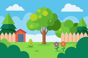 Vibrant Spring Backyard  A Delightful Garden Scene Illustration