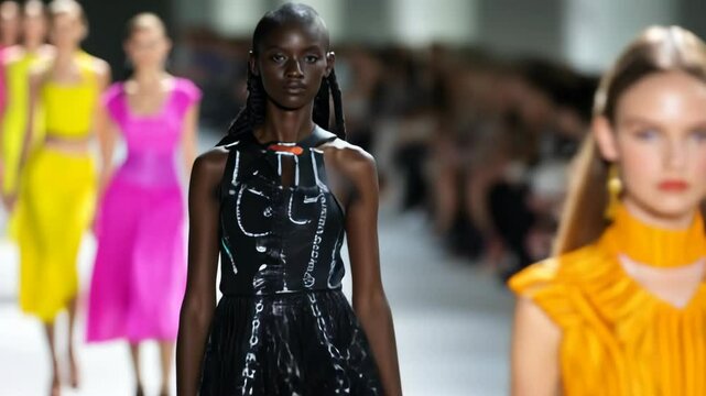 Vibrant fashion show with models in bright, stylish outfits walking runway in dynamic sequence
