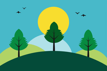 Serene Sunrise Minimalist Illustration of Trees on a Hill, Peaceful Landscape