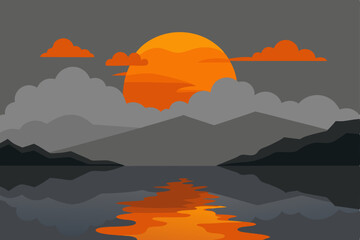 Serene Sunset Landscape Mountains, Water, and Sky Reflection