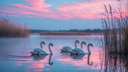 Swans Swimming on Lake at Sunrise with Reeds and Colorful Sky