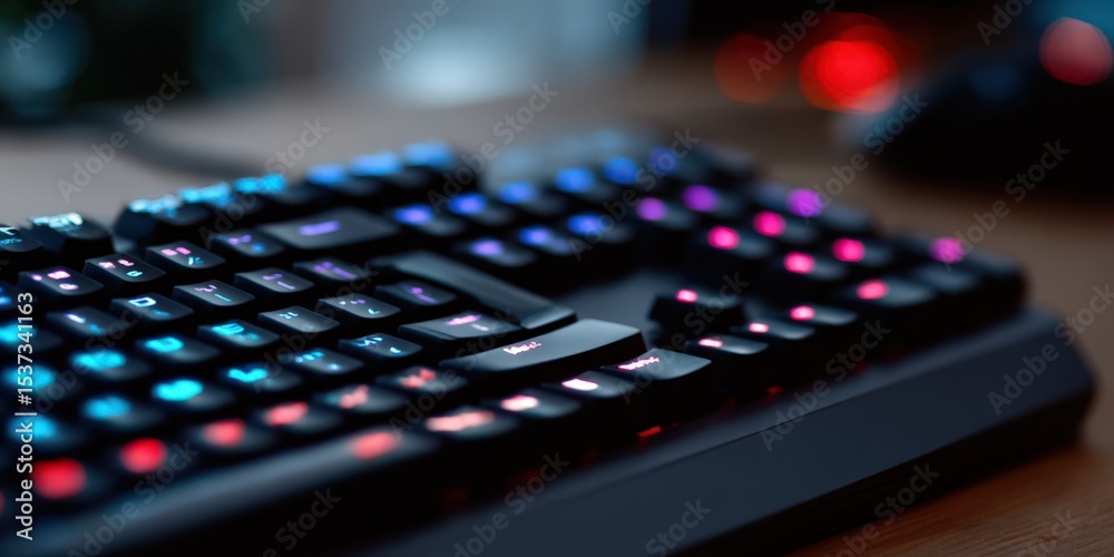 Poster close up of a gaming keyboard with rgb lighting, representing technology and modern communication