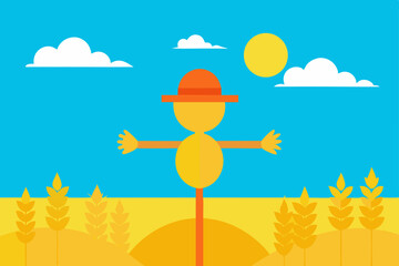 Friendly Scarecrow in Wheat Field A Sunny Day Illustration