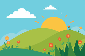 Sunrise over Rolling Hills A Vibrant Spring Landscape Illustration