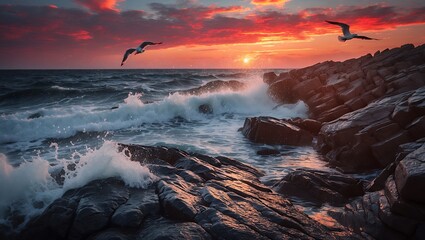 Waves Crashing on Rocky Shore at Sunset with Flying Sea Birds