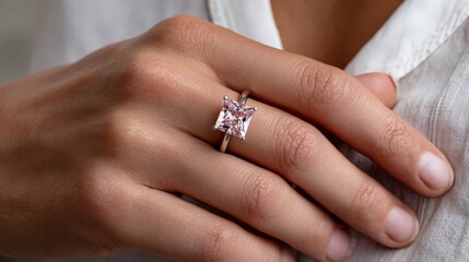 Woman's Hand Wearing a Pink Gemstone Ring, Symbolizing Engagement and Commitment to Love