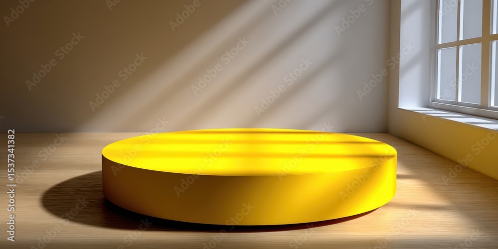 Poster yellow round platform in empty room with sunlight, illustrating minimalist design and presentation s