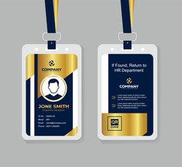 Modern Navy Blue White and Gold Office ID Card Design with QR Code for Company Staff and Employee