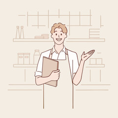 The clerk is holding the menu and giving recommendations at the cafe vector design illustrations