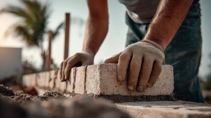 Bricklayer Laying Bricks on a Wall in Construction, Representing Labor and Home Improvement