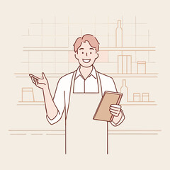 The clerk is holding the menu and giving recommendations at the cafe vector design illustrations