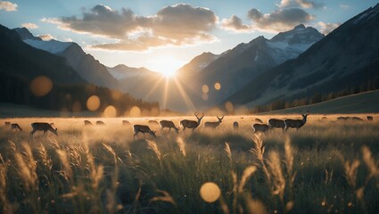 Deer Grazing in Mountain Meadow at Sunset with Golden Light