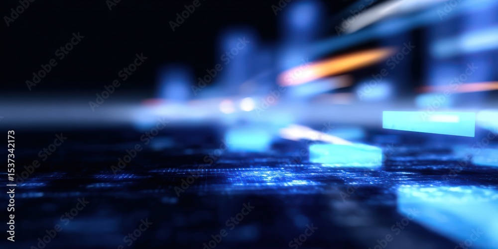 Poster abstract blue technology background with bokeh, representing innovation and digital transformation