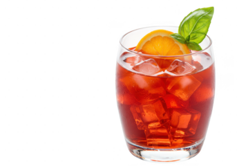 A refreshing negroni cocktail, isolated on transparent background, garnished with orange and basil