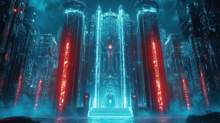 Futuristic city gate with vibrant blue and red glow under a cloudy night sky