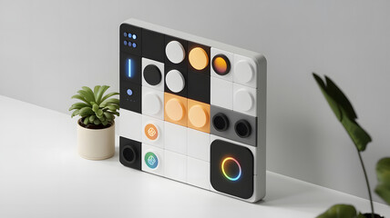 A modular wall panel with attachable smart light tiles, magnetic mounts, and ambient sensors for home decor and automation, isometric view, white background