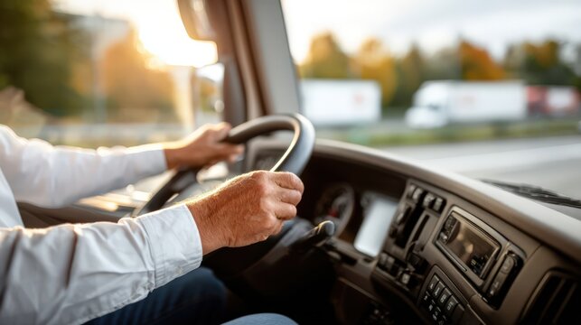 Fototapeta Driver's Hands on Steering Wheel of Semi Truck at Sunset, Representing Transportation and Logistics