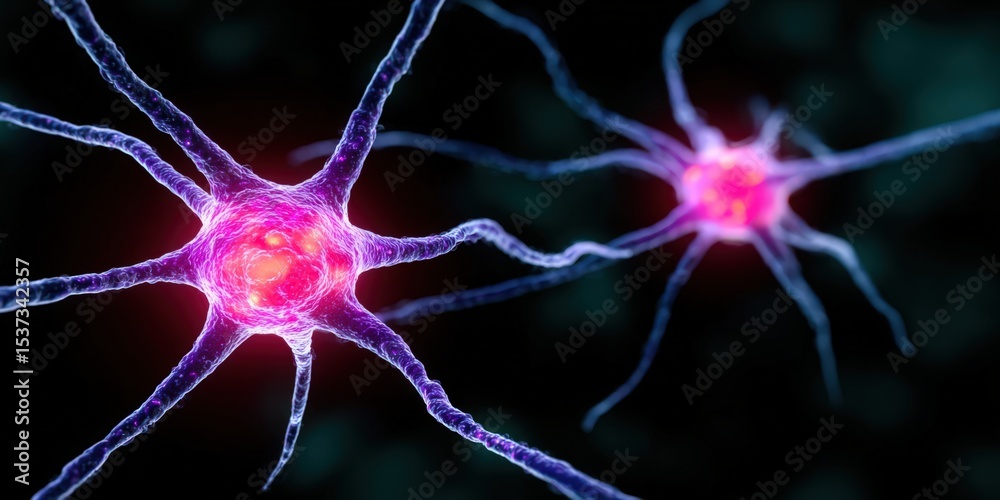 Poster Two Neurons Transmitting Signals on Black Background, Symbolizing Neuroscience and Brain Function