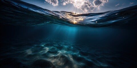 Fototapeta premium Underwater View of Ocean Waves and Sunlight, Representing Marine Beauty and Environmental Awareness