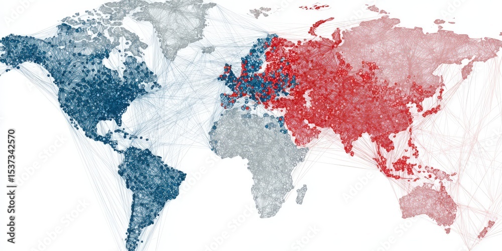 Poster Abstract World Map Network Visualization in Blue and Red, Representing Global Connections and Data Analysis