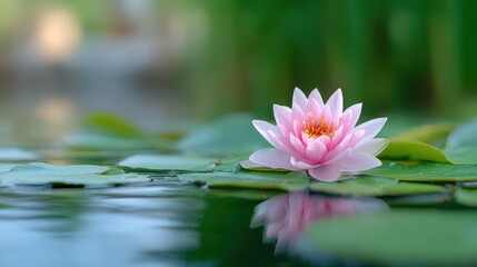 Pink Water Lily Blooming on Pond With Reflections, Symbolizing Serenity and Natural Beauty