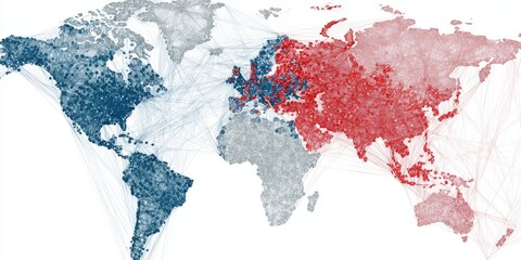 Abstract World Map Network Visualization in Blue and Red, Representing Global Connections and Data Analysis
